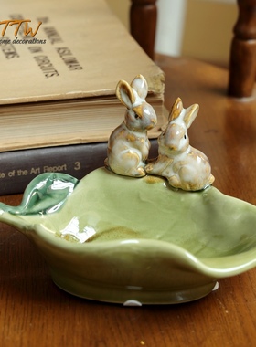 美式乡村陶瓷双兔动物绿叶盘零时碟瓜子碟客厅桌面茶座收纳小碟子