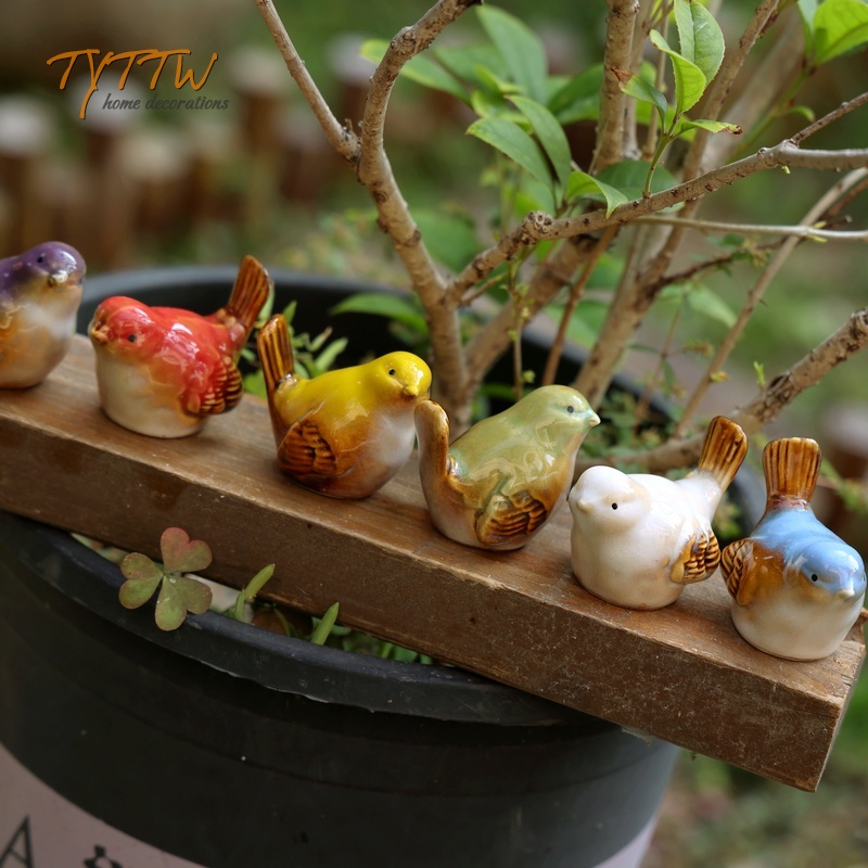高温釉面彩色陶瓷小鸟六色组合装饰摆件花园庭院装饰