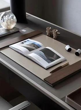 现代简约办公室书桌垫餐垫书垫胡桃木皮革写字板创意摆件样板间