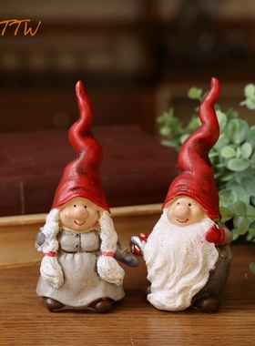 田园乡村尖帽子精灵夫妇家居饰品树脂装饰品圣诞节日氛围摆件送礼