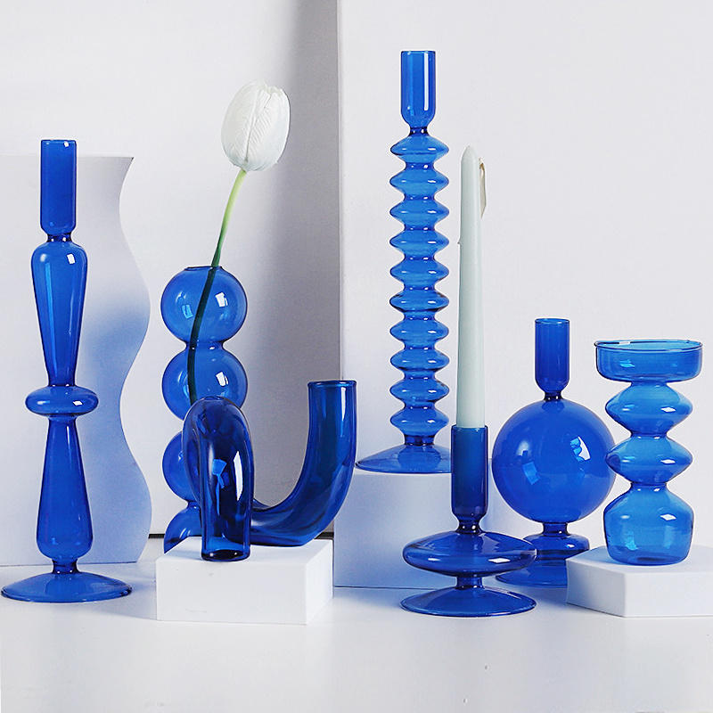 现代北欧美式高颜值克莱因蓝色玻璃长杆支状蜡烛台桌面装饰品摆件