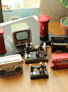 年代感缝纫机邮筒红色巴士收音机装饰品摆设 可爱迷你树脂小摆件