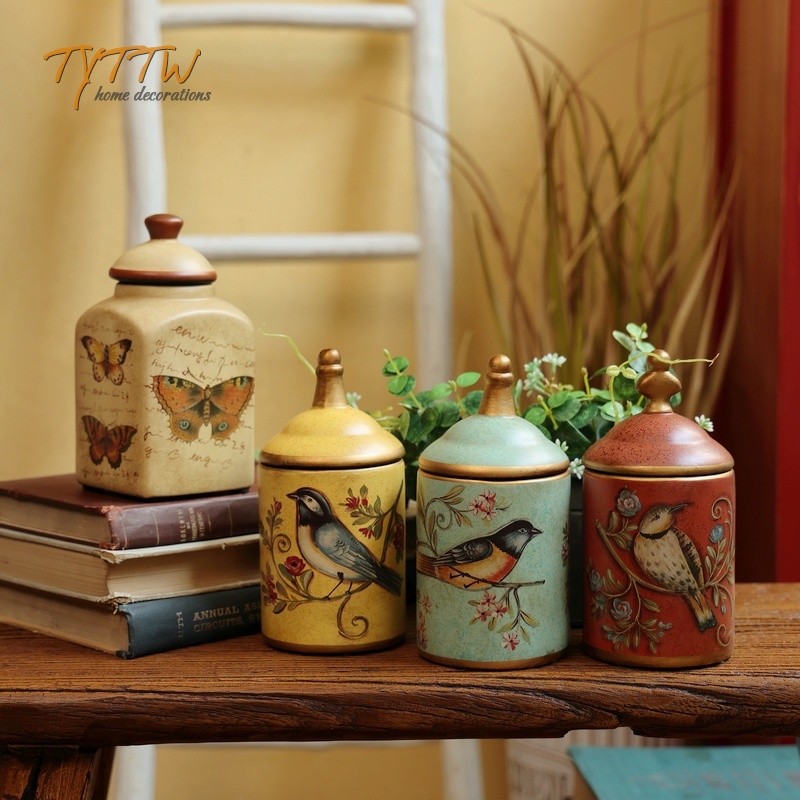 法式乡村做旧花鸟带盖收纳罐储物瓶桌面摆件家居饰品陶瓷装饰工艺