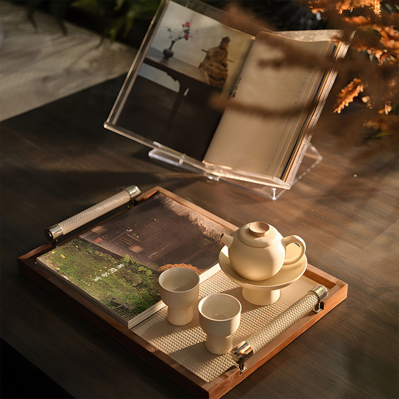 现代新中式皮革托盘茶具亚克力书架创意摆件桌面茶几装饰品样板间