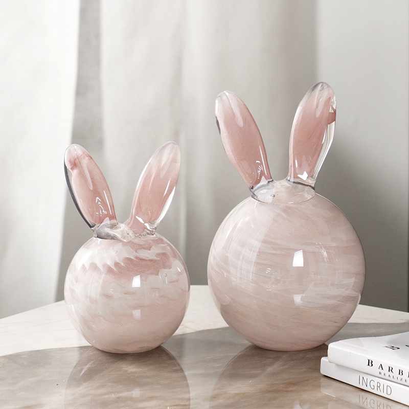 现代简约琉璃粉玉兔摆件创意客厅书房卧室桌面可爱兔子家居装饰品