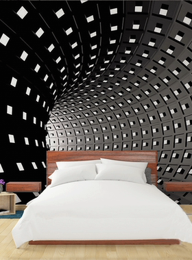 3D立体空间时空隧道黑白壁纸VR虚拟现实体验馆智能科技墙纸定制