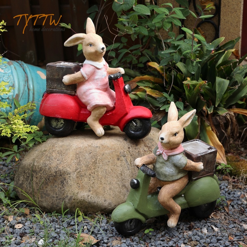 花园装饰 庭院摆件创意户外可爱乡村油画骑车兔兔花盆摆件