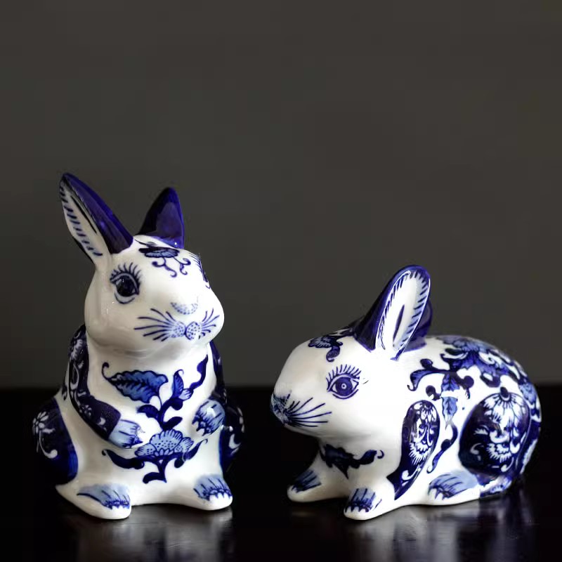 景德镇青花瓷动物摆件陶瓷兔子家居客厅装饰瓷器结婚礼物房间摆设