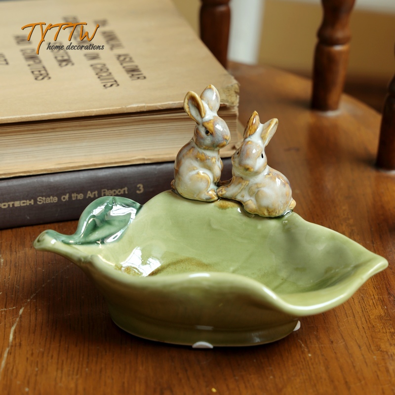 美式乡村陶瓷双兔动物绿叶盘零时碟瓜子碟客厅桌面茶座收纳小碟子