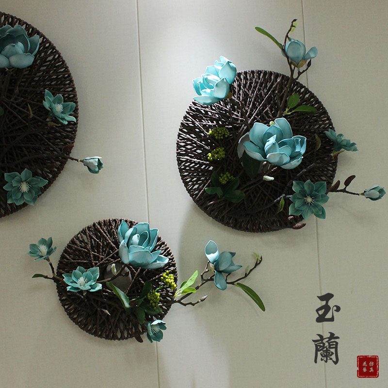新中式布置墙面装饰挂件墙上立体圆形壁饰客厅背景墙植物花艺壁挂