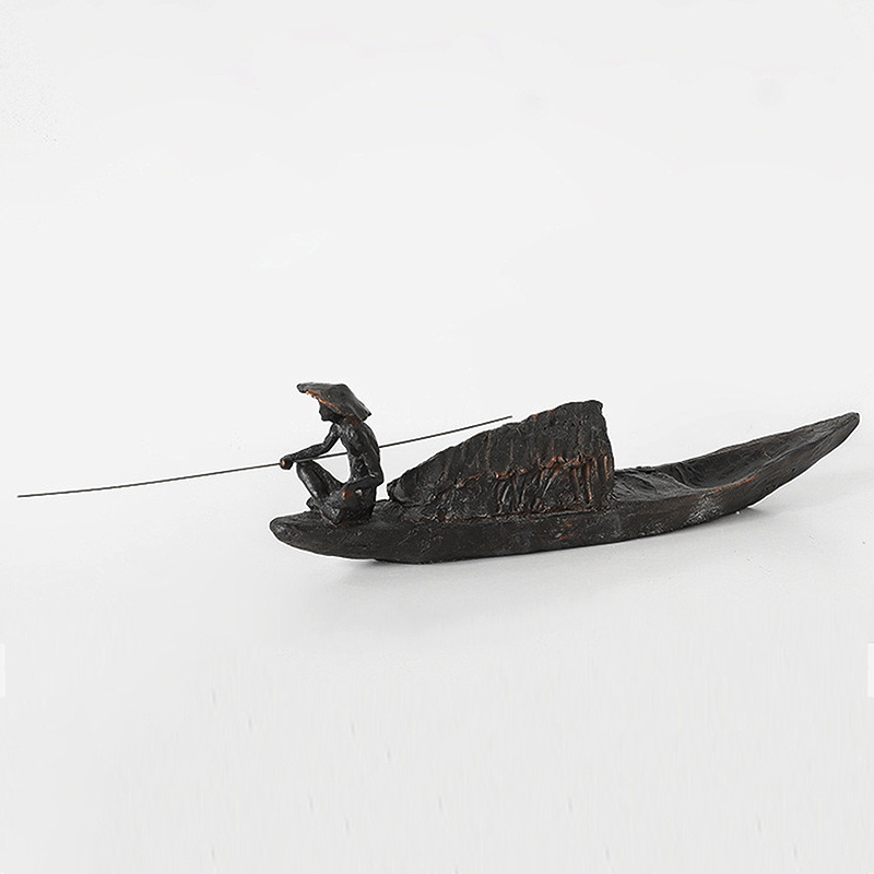侘寂风意境中式样板间桌面书柜禅意装饰摆件渔夫钓鱼人船造型雕塑
