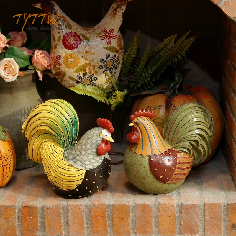美式乡村油画风格树脂彩色公鸡花园餐厅庭院吉祥物家居装饰品摆件