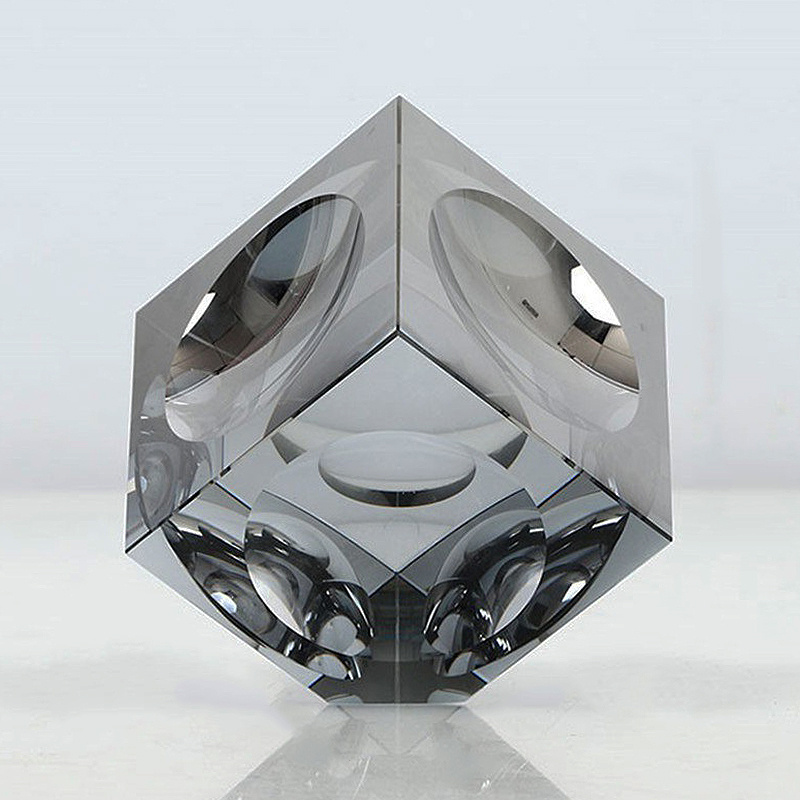 现代极简轻奢高透明烟灰色凹圆正方体K9水晶魔方形几何装饰品摆件