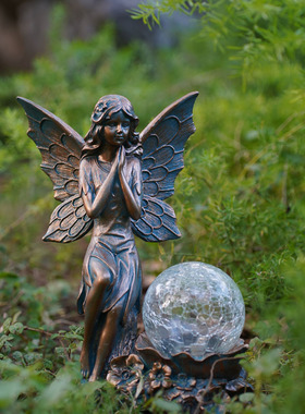 美式天使摆件太阳能灯装饰户外花园庭院园艺装饰青铜仙女水晶球