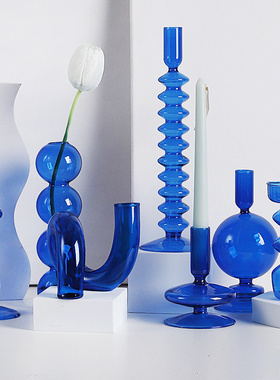 现代北欧美式高颜值克莱因蓝色玻璃长杆支状蜡烛台桌面装饰品摆件
