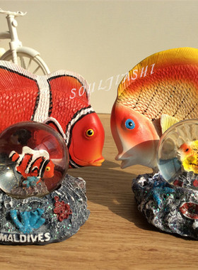 马尔代夫纪念品地中海家居装饰可爱鱼水晶球 热带鱼造型树脂摆件