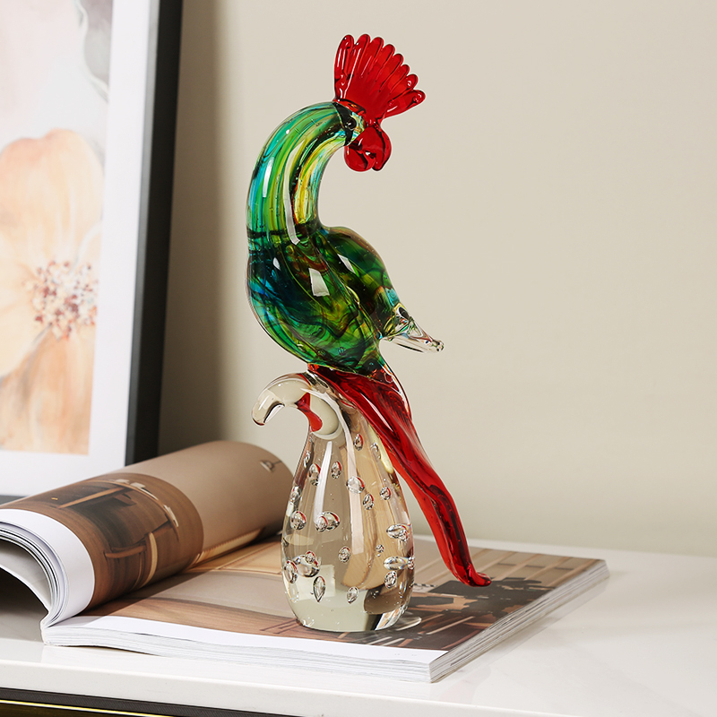艺术混彩琉璃鹦鹉鸟摆件手工吹制玻璃客厅样板间酒店轻奢软装装饰