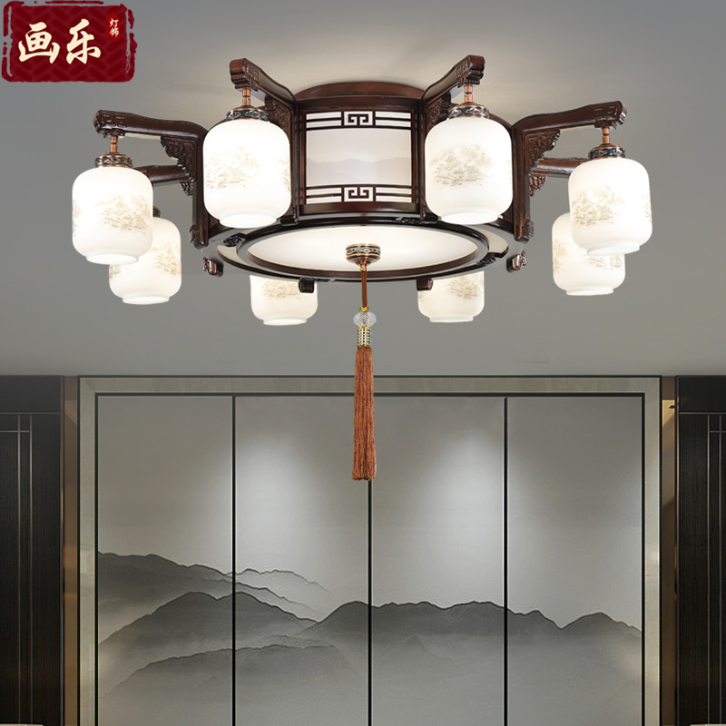新中式客厅灯中国风高档金丝檀实木吊灯具轻奢大厅餐厅书房吸顶灯