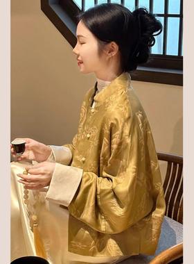 新中式国风复古高级感超好看唐装上衣黄色提花外套女2024早春新款