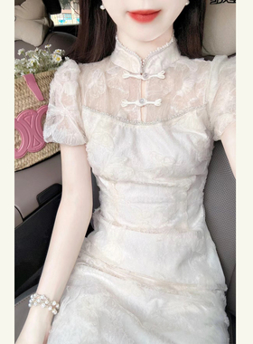 新中式国风改良旗袍白色连衣裙女夏季高级感修身显瘦绝美蕾丝长裙