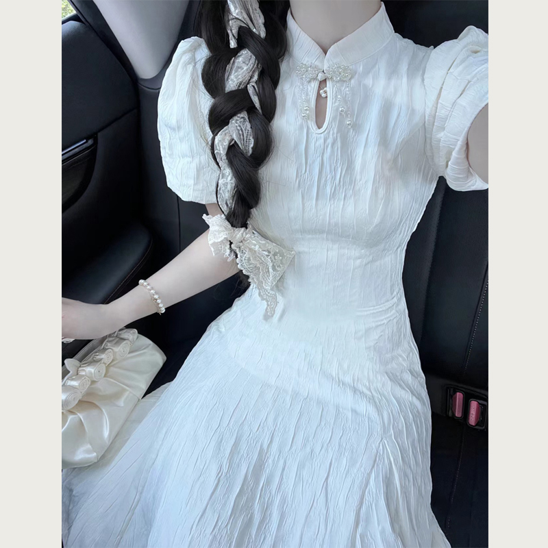 新中式短袖改良旗袍裙女夏季小众设计感国风提花泡泡袖白色连衣裙
