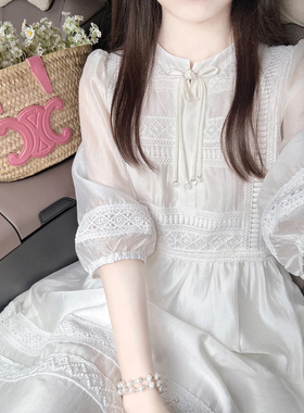 新中式国风泡泡袖连衣裙女夏季小众高级设计感超好看气质白色裙子