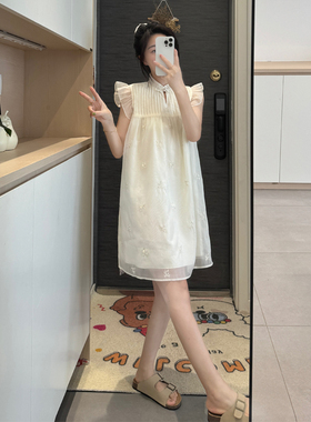 新中式盘扣白色小飞袖连衣裙女夏季国风刺绣印花小个子宽松娃娃裙