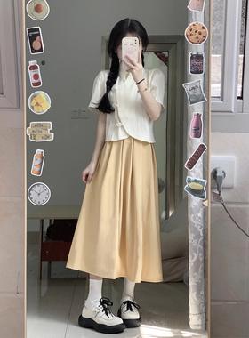 新中式国风夏季高级感小个子连衣裙盘扣衬衫半身裙套装两件套女