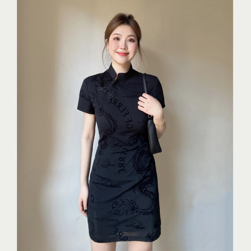 新中式国风复古高级感黑色连衣裙女夏季收腰显瘦小黑裙改良旗袍裙