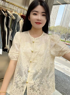 新中式蕾丝镂空衬衫女2024夏季新款高级感气质淑女遮肚子短袖上衣