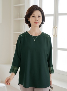2024年韩国妈妈女装中老年人时尚春秋蕾丝富态九分袖大码上衣衬衫
