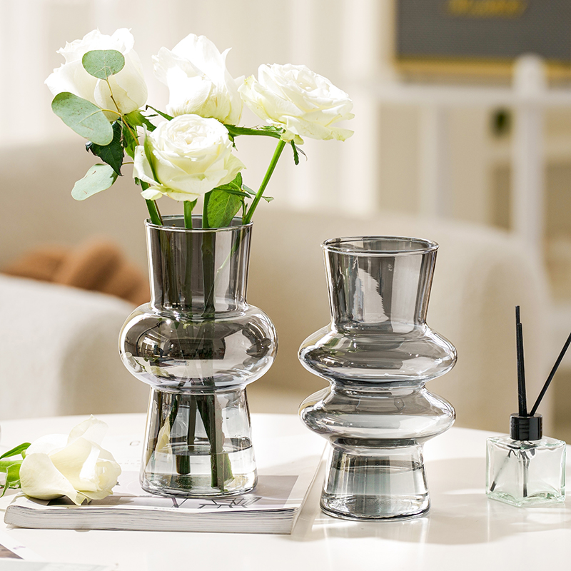 简约小众玻璃花瓶法式小摆件客厅烟灰透明插花水培鲜花干花高级感