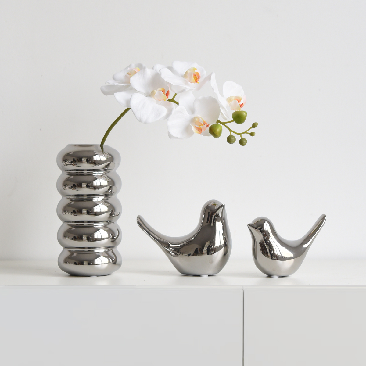 ins北欧现代轻奢设计高级感电镀银陶瓷小鸟花瓶家居装饰品摆件