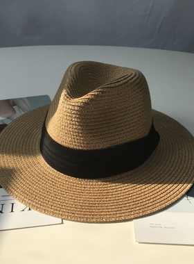 夏季可折叠草帽平檐草编沙滩帽子英伦浅咖啡色遮阳亲子礼帽男女