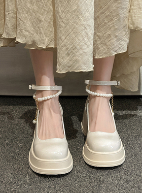 法式玛丽珍鞋女2024新款百搭配裙子仙女风白色粗跟高跟厚底小皮鞋