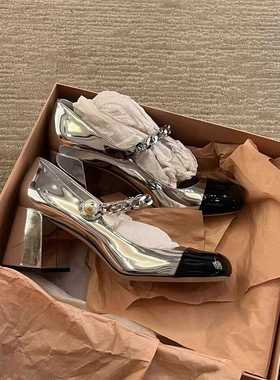法式玛丽珍鞋女2024夏季新款银色方头粗跟高跟鞋配裙子中跟小皮鞋