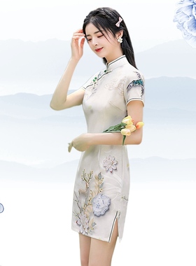 中国风文艺优雅短款少女连衣裙2024新款苏州仿真丝改良小个子旗袍