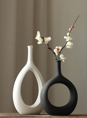北欧白色餐桌干花黑色花瓶现代家居装饰品客厅玄关插花仿真花摆件