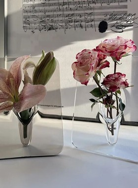 北欧ins创意艺术亚克力相框花瓶水培插花器办公室装饰摆件玻璃架