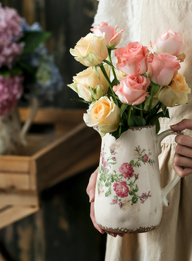 法式花壶瓶复古田园创意艺术陶瓷花瓶摆件客厅插花水培器皿装饰品