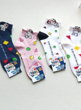 新款韩国进口蜡笔小新短袜睡衣图案可爱卡通三角形几何图形中筒袜