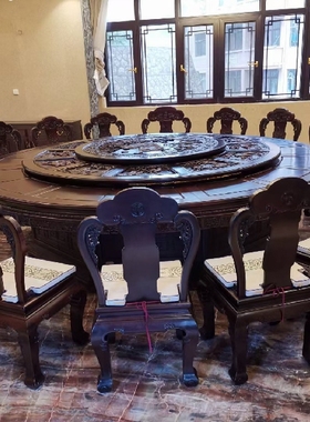 非洲小叶紫檀餐厅圆形圆台雕孔雀红木家具赞比亚血檀圆餐桌吃饭桌