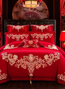 速发红色刺绣床上四件套双面绒4件套被罩用品多件套女方结婚用的