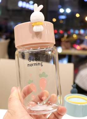 创意韩版玻璃杯子ins可爱耐热女学生便携韩国清新喝水杯带盖简约