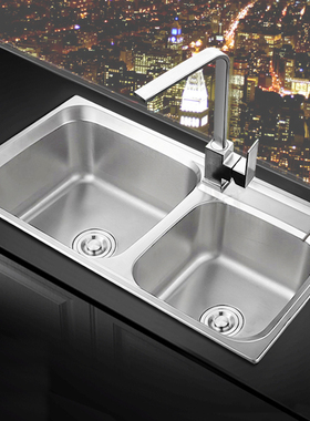 厨房水槽双槽304不锈钢拉丝洗菜盆厨盆洗碗池套餐斜边水池加厚