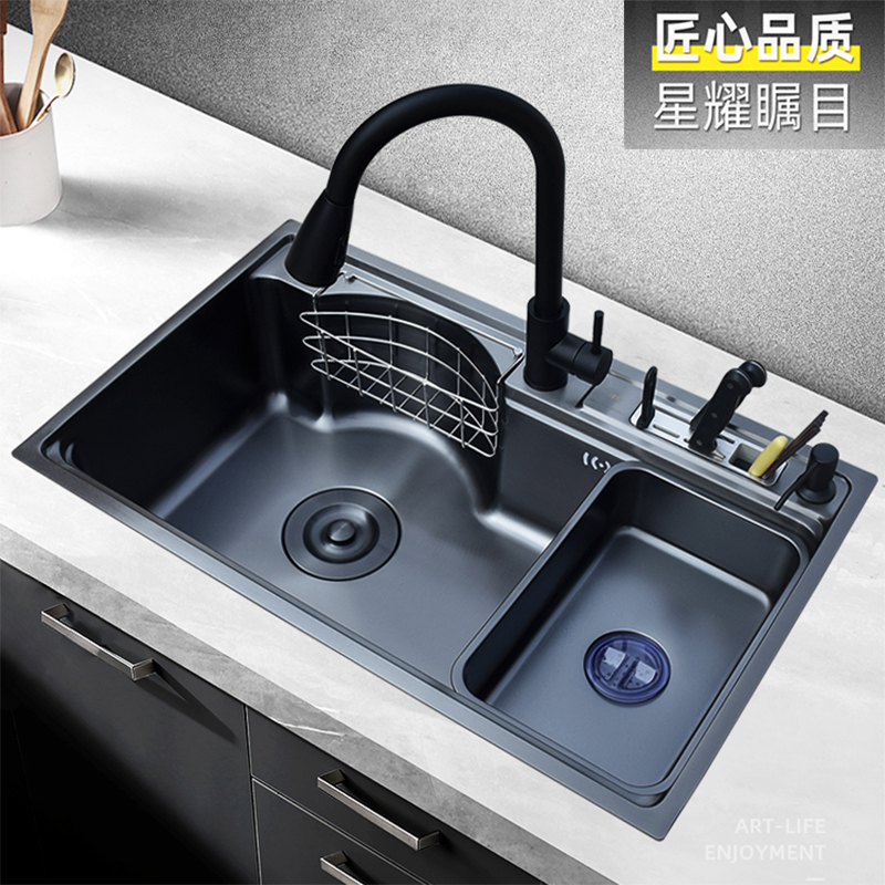 黑色纳米水槽单槽 家用多功能手工洗菜盆厨房大号304不锈钢洗碗池