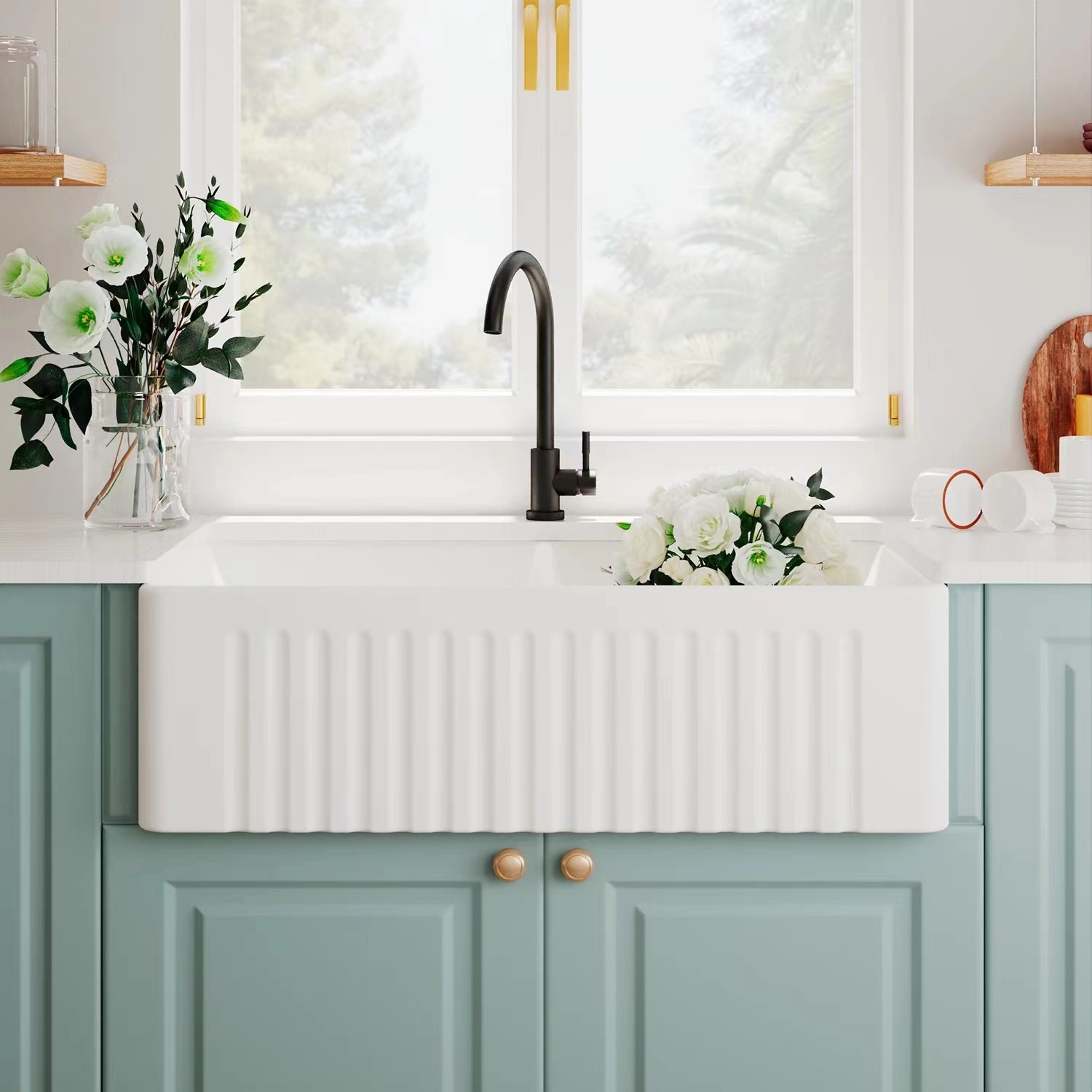 科勒旗下卡丽复古美式厨房耐火土陶瓷水槽大单槽白色前置半嵌入式