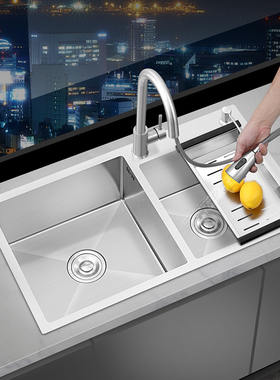 正品银色纳米水槽加厚双槽SUS304手工不锈钢洗菜盆厨房家用洗碗池
