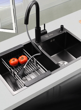 纳米水槽双槽黑色洗菜盆双槽厨房台下盆嵌入式手工盆家用小号加厚