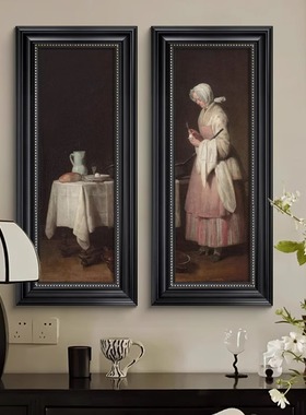 法式客厅竖版装饰画复古人物挂画美式餐厅玄关壁画中古风卧室装饰